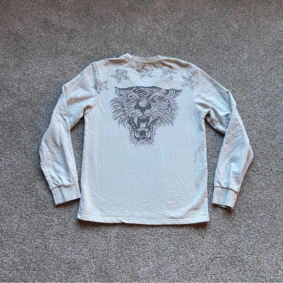 ED HARDY TATTOO INK TAN TIGER BEDAZZLED V-NECK LONG SLEEVE SHIRT SIZE LARGE - Picture 2 of 11